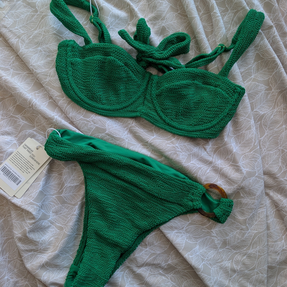 NWOT Monday Swimwear Set Clovelly Bikini Top and Antigua Bottom in Palm Green